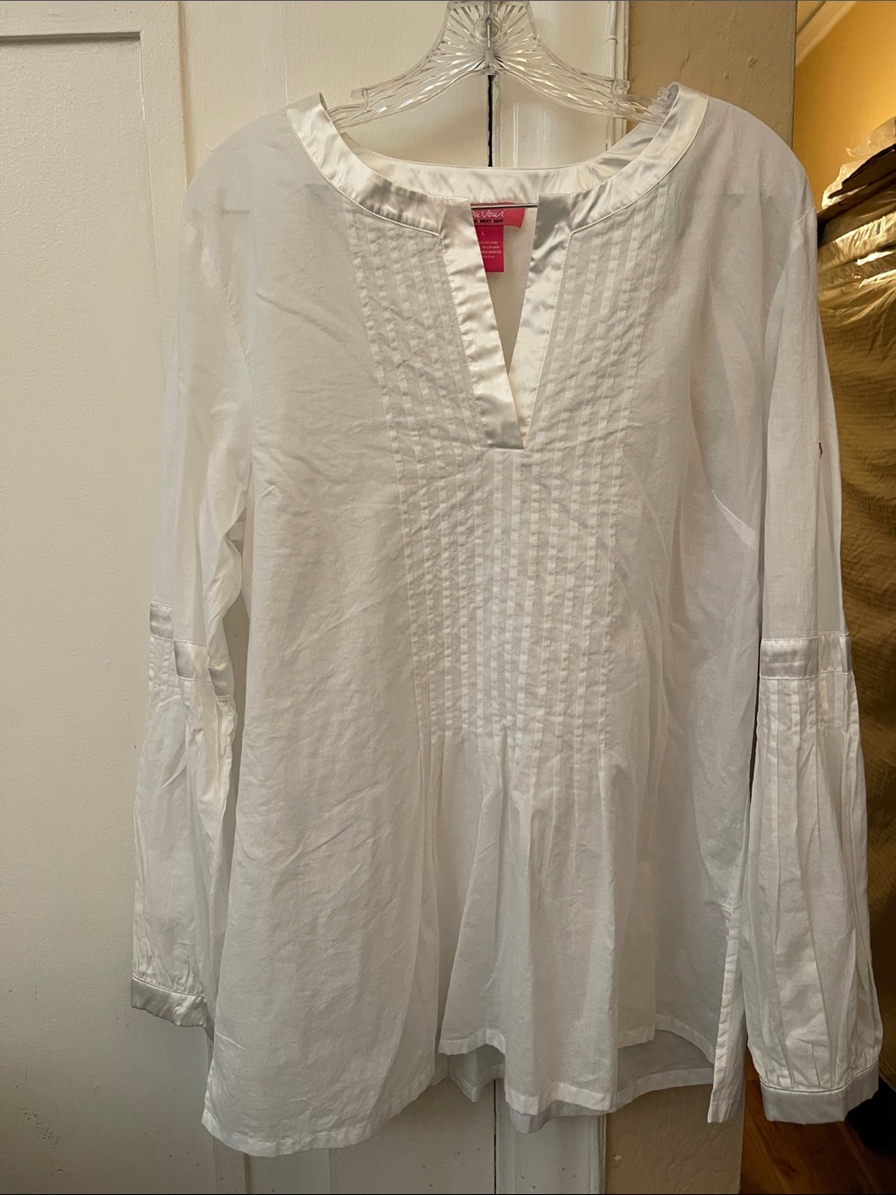 Du Jour White Satin-Trim Pintuck Top (NWOT)